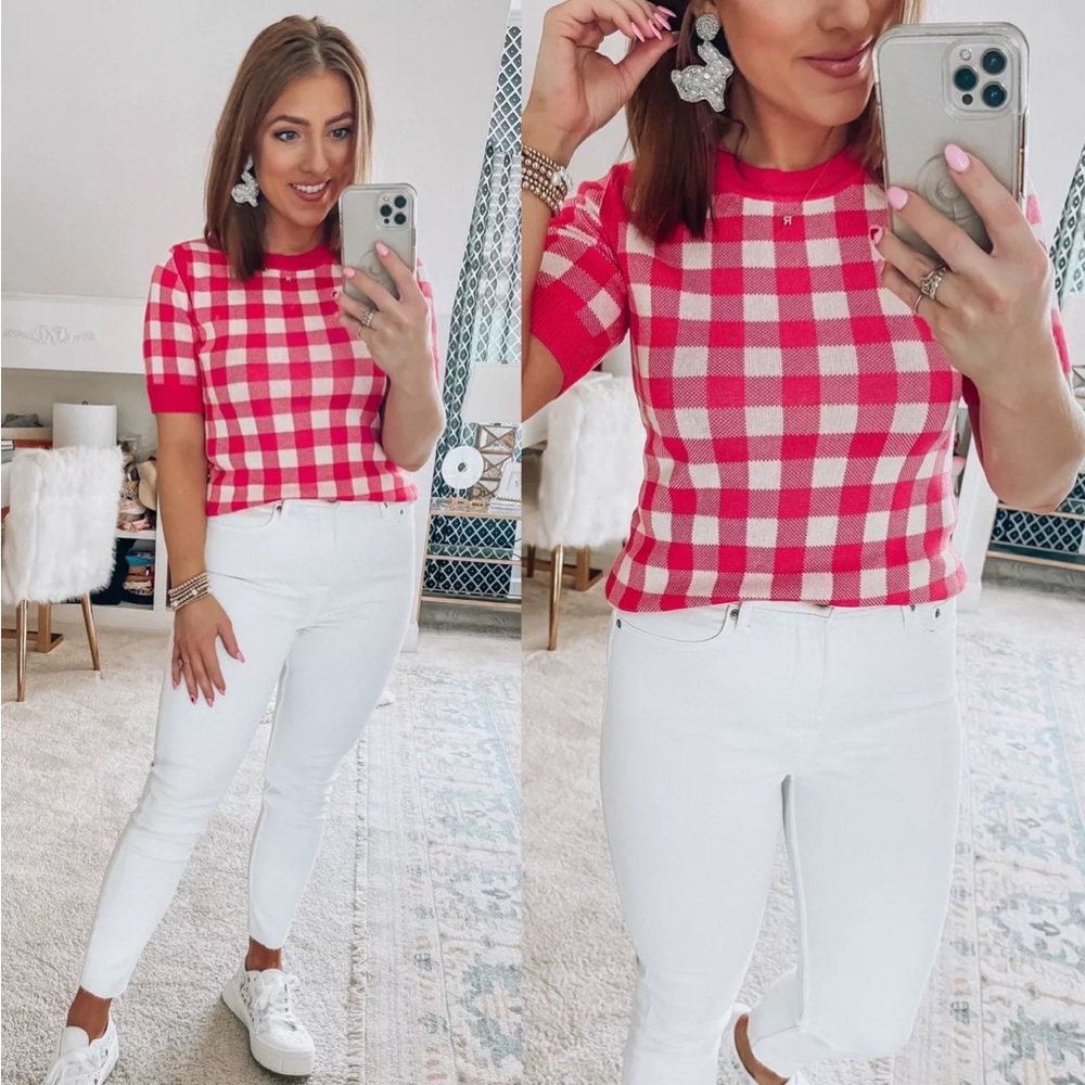 Free Assembly Pink And White Gingham Sweater Tee